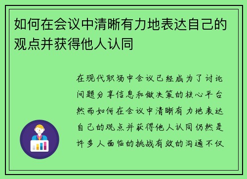 如何在会议中清晰有力地表达自己的观点并获得他人认同