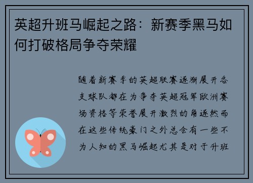 英超升班马崛起之路：新赛季黑马如何打破格局争夺荣耀
