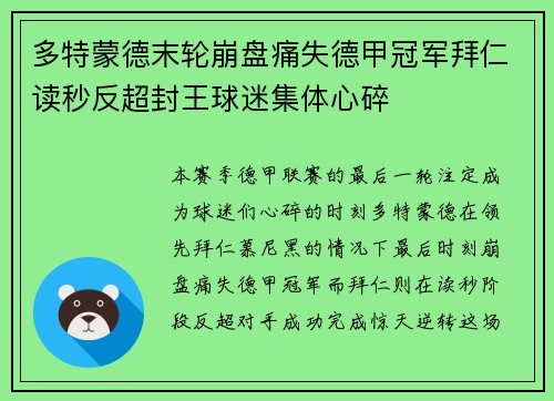 多特蒙德末轮崩盘痛失德甲冠军拜仁读秒反超封王球迷集体心碎