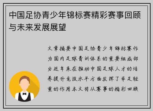 中国足协青少年锦标赛精彩赛事回顾与未来发展展望