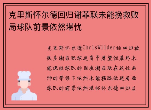 克里斯怀尔德回归谢菲联未能挽救败局球队前景依然堪忧